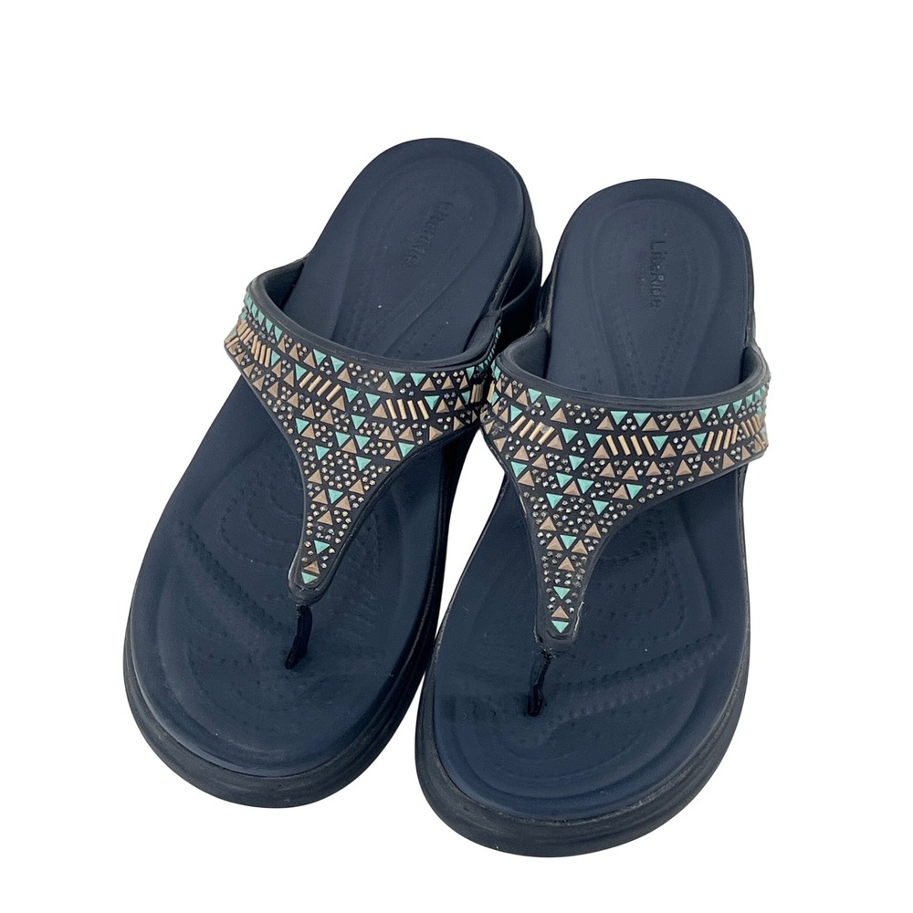 Crocs LiteRide Embellished Navy Blue Thong Sandals Womens Size 9